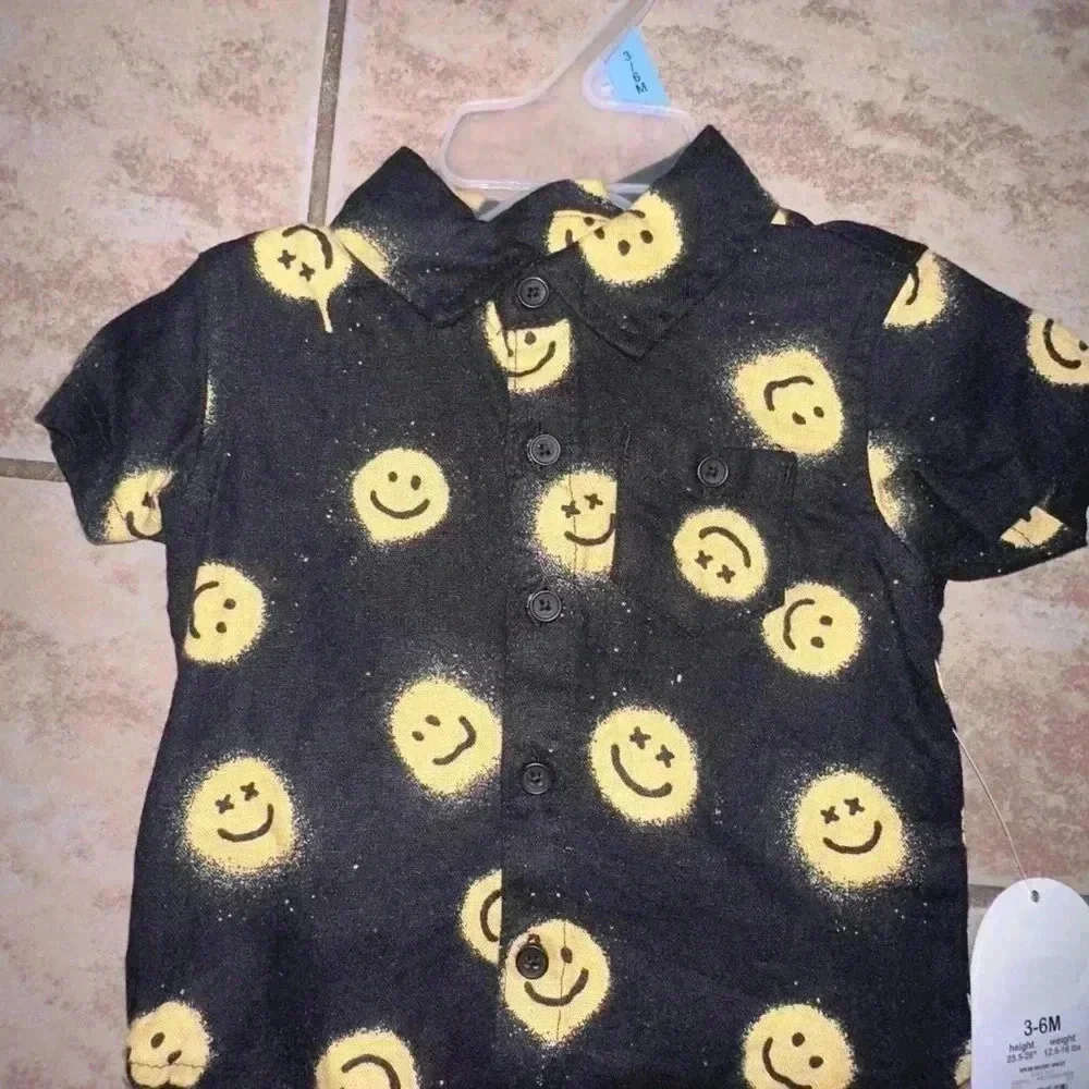 Boy,Wonder Nation,Smiley Face, Short Sleeve Shirt & Shorts Set 3-6M Black Yellow